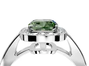 Bezel-Framed Halo Engagement Ring Setting for Fancy Green Cushion Cut Center with Pave Band and Prong Head in White Gold