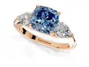 3 Stone Engagement Ring Setting for Fancy Blue Cushion Cut Center with Large Pear-Shaped Accents and Prong Head in Rose Gold