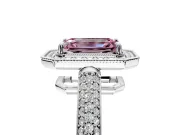 Milgrain Halo Engagement Ring Setting for Fancy Pink Emerald Cut Center with Three-Sided Pave Band and Prong Head in Sterling Silver