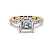 Baguette Engagement Ring Setting for Asscher Cut Center with Alternating Bar-Set Band and Prong Head in Yellow Gold