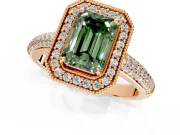 Milgrain Halo Engagement Ring Setting for Fancy Green Emerald Cut Center with Three-Sided Pave Band and Prong Head in Rose Gold