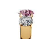 3 Stone Engagement Ring Setting for Fancy Pink Round Cut Center with Raised Basket Heads and Prong Head in Yellow Gold
