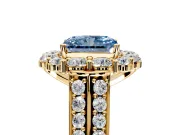 Large Accent Halo Engagement Ring Setting for Fancy Blue Radiant Cut Center with Pave Split Shank and Prong Head in Yellow Gold