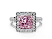 Milgrain Floral Halo Engagement Ring Setting for Fancy Pink Princess Cut Center with Pave Band and Prong Head in Platinum
