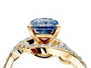 Solitaire Engagement Ring Setting for Fancy Blue Radiant Cut Center with Pave Bypass Twist Band and Prong Head in Yellow Gold