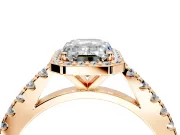 Halo Engagement Ring Setting for Emerald Cut Center with Full Pave Band and Prong Head in Rose Gold