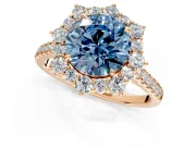Halo Engagement Ring Setting for Fancy Blue Round Cut Center with Single-Row Pave, Open Basket and Prong Head in Rose Gold