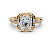 Halo Engagement Ring Setting for Cushion Cut Center with Framed Halo, Pave Band and Prong Head in Yellow Gold