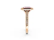 Halo Engagement Ring Setting for Fancy Pink Radiant Cut Center with Milgrain Pave Band and Bezel Head in Rose Gold