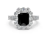 Halo Engagement Ring Setting for Fancy Black Radiant Cut Center with Milgrain Channel Band and Prong Head in White Gold