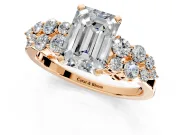 Cluster Engagement Ring Setting for Emerald Cut Center with 2-Row Shoulder Clusters and Prong Head in Rose Gold