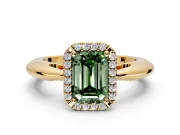 Halo Engagement Ring Setting for Fancy Green Emerald Cut Center with Tapered Plain Band and Prong Head in Yellow Gold