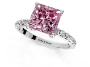 Solitaire Engagement Ring Setting for Fancy Pink Princess Cut Center with Micro Pave Band and Prong Head in Sterling Silver