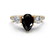 3 Stone Engagement Ring Setting for Fancy Black Pear-Shaped Center with Crossover Basket, Pave Band and Prong Head in Yellow Gold