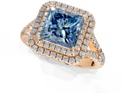 Double Halo Engagement Ring Setting for Fancy Blue Princess Cut Center with Narrow Pave Split Shank and Prong Head in Rose Gold
