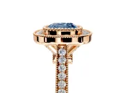 Halo Engagement Ring Setting for Fancy Blue Cushion Cut Center with Milgrain Frame, Pave Band and Prong Head in Rose Gold