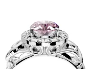 Halo Engagement Ring Setting for Fancy Pink Oval Center with Open Scroll Shoulders and Prong Head in Sterling Silver