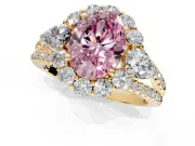 Halo Engagement Ring Setting for Fancy Pink Oval Center with Two-Strand Split Shank and Prong Head in Yellow Gold