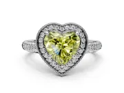 Milgrain Halo Engagement Ring Setting for Fancy Yellow Heart-Shaped Center with Three-Sided Pave Band and Prong Head in Platinum