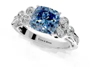 Cluster Engagement Ring Setting for Fancy Blue Cushion Cut Center with Bezel Accent Clusters and Prong Head in White Gold