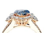 Halo Engagement Ring Setting for Fancy Blue Heart-Shaped Center with Two-Strand Split Shank and Prong Head in Rose Gold