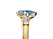 3 Stone Engagement Ring Setting for Fancy Blue Pear-Shaped Center with Wide Plain Band and Prong Head in Yellow Gold