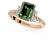 Paired Accent Engagement Ring Setting for Fancy Green Emerald Cut Center with Pave Band and Prong Head in Rose Gold