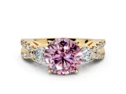 3 Stone Engagement Ring Setting for Fancy Pink Round Cut Center with Pave Split Shank and Prong Head in Yellow Gold