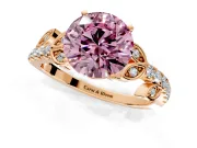 Leaf Motif Engagement Ring Setting for Fancy Pink Round Cut Center with Pave Band and Prong Head in Rose Gold