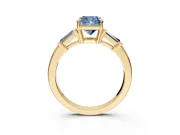 3 Stone Engagement Ring Setting for Fancy Blue Cushion Cut Center with Baguette Accents and Prong Head in Yellow Gold