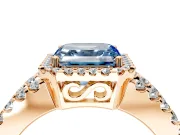 Halo Engagement Ring Setting for Fancy Blue Asscher Cut Center with Wide-Open Pave Split Shank and Prong Head in Rose Gold