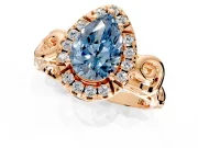 Halo Engagement Ring Setting for Fancy Blue Pear-Shaped Center with Open Scroll Shoulders and Prong Head in Rose Gold