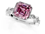 Milgrain Bezel Engagement Ring Setting for Fancy Pink Asscher Cut Center with Marquise Stations and Bezel Head in White Gold