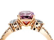 3 Stone Engagement Ring Setting for Fancy Pink Emerald Cut Center with Round Cut Side Accents and Prong Head in Rose Gold