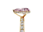 Hidden Halo Engagement Ring Setting for Fancy Pink Pear-Shaped Center with Pave Band and Prong Head in Yellow Gold