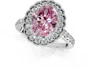Milgrain Floral Halo Engagement Ring Setting for Fancy Pink Oval Center with Pave Band and Prong Head in Platinum