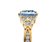 Cluster Engagement Ring Setting for Fancy Blue Princess Cut Center with Bezel Accent Clusters and Prong Head in Yellow Gold