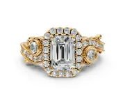 Milgrain Halo Engagement Ring Setting for Emerald Cut Center with Shoulder Bezels and Prong Head in Yellow Gold