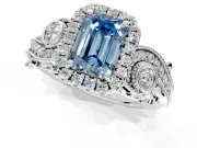 Milgrain Halo Engagement Ring Setting for Fancy Blue Emerald Cut Center with Shoulder Bezels and Prong Head in Platinum