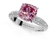 Solitaire Engagement Ring Setting for Fancy Pink Cushion Cut Center with Domed Multi-Row Pave Band and Prong Head in Platinum