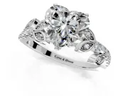 Leaf Motif Engagement Ring Setting for Heart-Shaped Center with Pave Band and Prong Head in White Gold