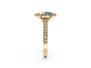Halo Engagement Ring Setting for Fancy Blue Oval Center with Milgrain Pave Band and Bezel Head in Yellow Gold