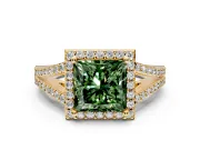 Halo Engagement Ring Setting for Fancy Green Princess Cut Center with Pave Split Shank and Prong Head in Yellow Gold