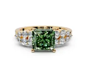 Cluster Engagement Ring Setting for Fancy Green Princess Cut Center with 2-Row Shoulder Clusters and Prong Head in Yellow Gold