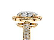 Milgrain Halo Engagement Ring Setting for Oval Center with Three-Sided Pave Band and Prong Head in Yellow Gold