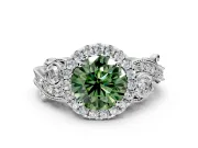 Milgrain Halo Engagement Ring Setting for Fancy Green Round Cut Center with Shoulder Bezels and Prong Head in White Gold