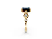Vintage Station Engagement Ring Setting for Fancy Blue Emerald Cut Center with Accents and Prong Head in Yellow Gold