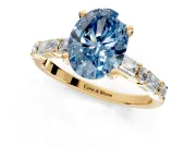 Baguette Engagement Ring Setting for Fancy Blue Oval Center with Alternating Bar-Set Band and Prong Head in Yellow Gold