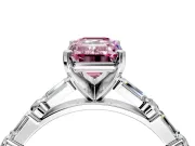 Baguette Engagement Ring Setting for Fancy Pink Emerald Cut Center with Alternating Bar-Set Band and Prong Head in Platinum