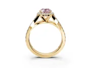 Halo Engagement Ring Setting for Fancy Pink Oval Center with Narrow Pave Split Shank and Prong Head in Yellow Gold